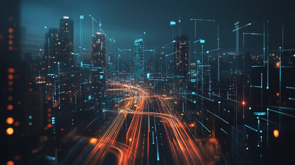 Smart digital Innovation city with connection network reciprocity over the cityscape. of future smart wireless digital city and social media networking systems that connects people with in city