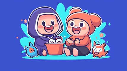 Naklejka premium Two cute cartoon babies playing with toys and pets.