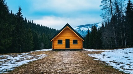 Cozy Wooden Cabin Nestled in Snowy Mountain Forest Landscape with Scenic View
