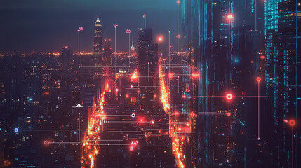 Fototapeta premium Smart digital Innovation city with connection network reciprocity over the cityscape. of future smart wireless digital city and social media networking systems that connects people with in city