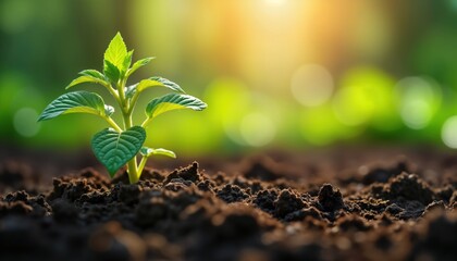 Closeup view of small stevia tree growing in fertile soil. Young plant sprouts in natural setting. Healthy growth of new life in spring. Nature scene focuses on plant development in earth. Fresh