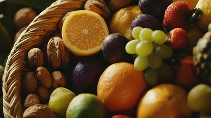 of a fruit basket, integrated with an image of export documentation, emphasizing international trade. | [Export products]:[Fruits, nuts] 