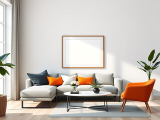 Mockup of a bright living room with a compact comfortable sofa and stylish background, 3D rendering.