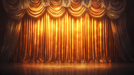 Dramatic stage curtain in warm amber hues, illuminated with soft lighting, creating a sense of anticipation and elegance. Amberlight. Illustration
