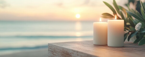 Experience an intimate dinner by the ocean at twilight, where flickering candles set a romantic and sensual mood, symbolizing passion and peaceful moments The soft glow illuminates the serene scene