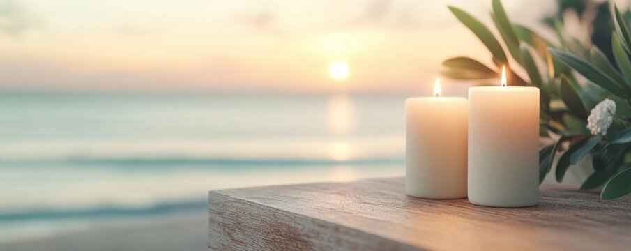 Experience an intimate dinner by the ocean at twilight, where flickering candles set a romantic and sensual mood, symbolizing passion and peaceful moments The soft glow illuminates the serene scene