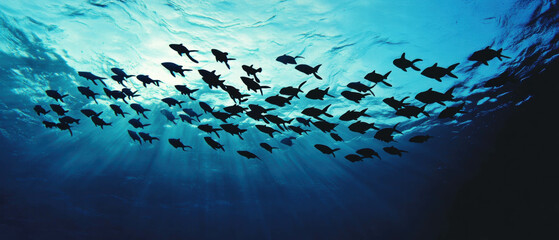 Cinematic view of underwater migration path highlighting silhouettes of marine creatures