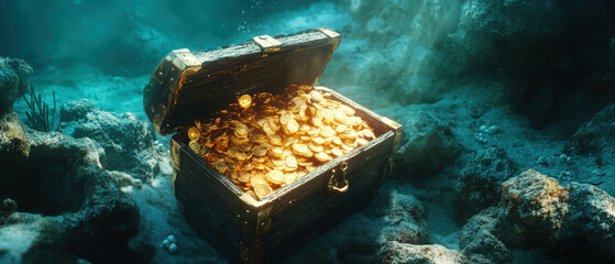 Underwater treasure chest filled with shimmering gold coins resting on ocean floor