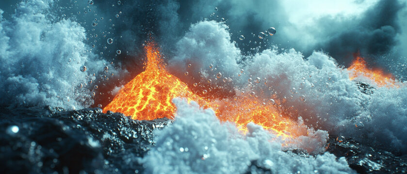 Underwater volcanic eruption with bubbles and smoke creating a dramatic oceanic display