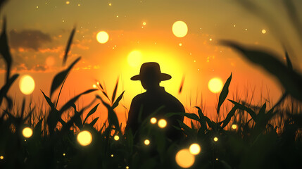Silhouette of a farmer in a hat amidst green crops with a glowing sunrise and light orbs in the background. Amberlight. Illustration