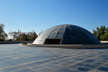 Obraz premium A modern architectural dome captivatingly reflects the essence of contemporary design with smooth, curve lines. The blue sky above enhances the serene ambiance.