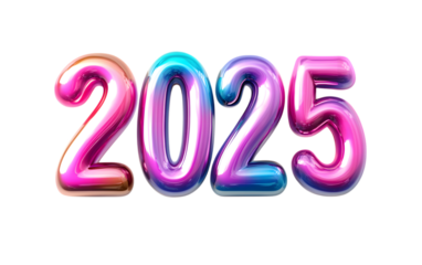 3D 2025 holographic color text typography new year design on transparent background template 