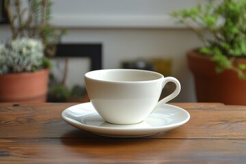 Obraz premium Elegant white cup resting on wooden table beside blooming flowers in a bright room with sunlight