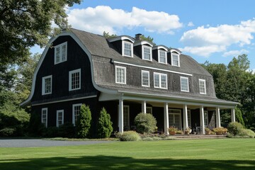 A picturesque two-story barn-style house, distinguished by its gambrel roof and surrounded by well-maintained lush landscaping and greenery on a sunny day.