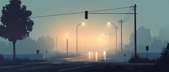 Foggy road scene with limited visibility and glowing streetlights in a cartoon style