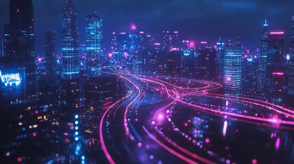 Fototapeta premium Smart digital Innovation city with connection network reciprocity over the cityscape. of future smart wireless digital city and social media networking systems that connects people with in city