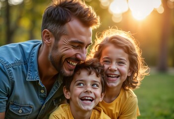 Fototapeta premium Happy family enjoys sunny day in park. Father laughs with children. Kids smiling. Family bonding. Outdoor fun. Lovely moment. Summertime activities. Fun day out. Fatherhood. Family time.
