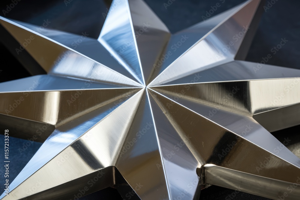 Poster Close-up of a polished metallic eight-pointed star, showcasing intricate geometric design and reflective surface.