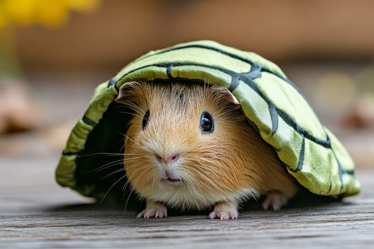 A delightful guinea pig perched snugly under a whimsical turtle-shell hat, situated on a rustic wooden surface, celebrating innocence and charm in nature&rsquo;s embrace.