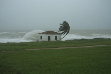A coastal town battered by a hurricane, with palm trees bending in strong winds and waves crashing onto the shore