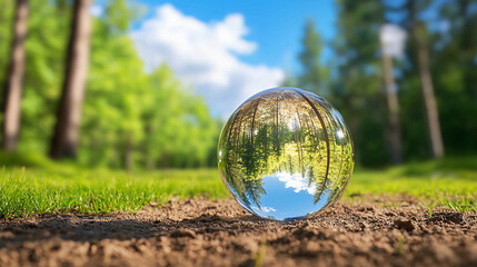 A crystal-clear sphere reflects a vibrant forest scene, showcasing lush greenery and a bright sky, creating a serene and enchanting atmosphere.