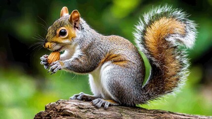 Fototapeta premium Cute Grey Squirrel Sitting on Tree Branch and Eating Nut in Green Forest