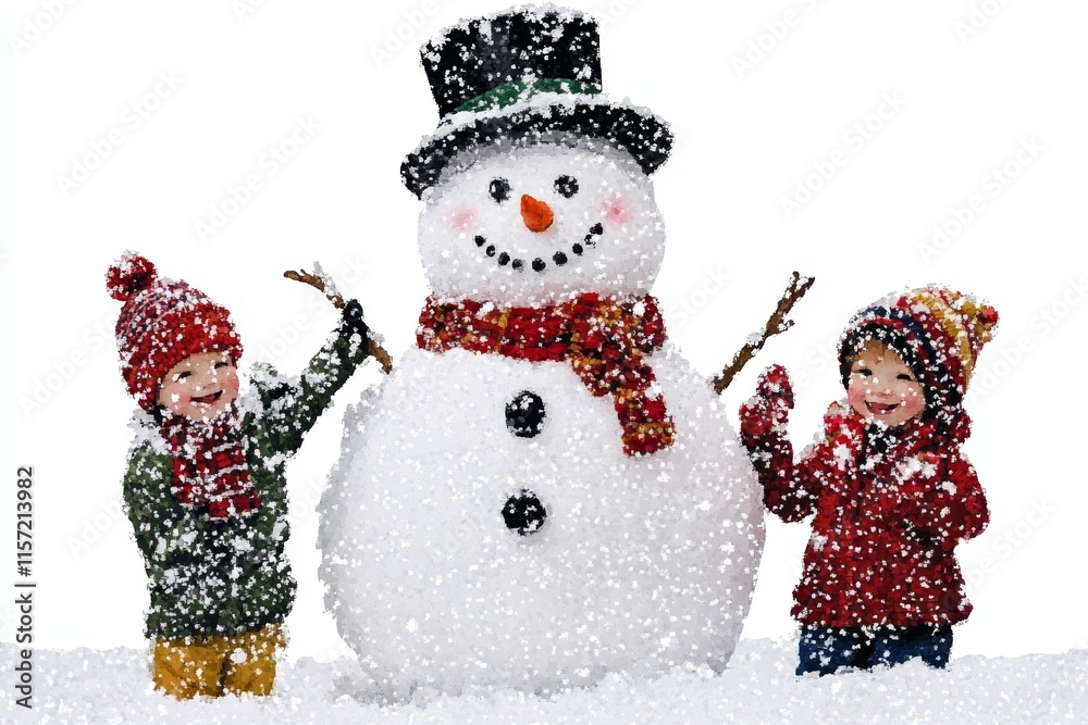 Poster a colorful 2d illustration of a snowman in a snowy yard with children playing and decorating it, set