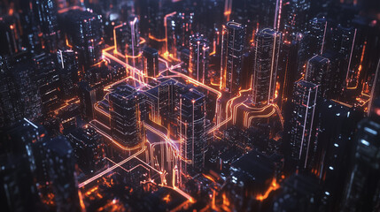 Fototapeta premium Smart digital Innovation city with connection network reciprocity over the cityscape. of future smart wireless digital city and social media networking systems that connects people with in city