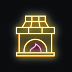 Neon fireplace burning with purple and yellow flames icon on a black background