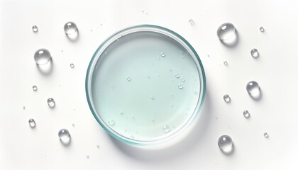 Light teal serum gel in petri dish. Clear drops on white background. Top view. Fresh, clean look. Perfect for skincare product ad lab experiment graphic. Cosmetic product presentation. Serum, gel,