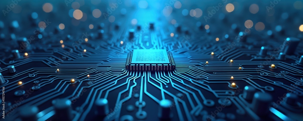 Aufkleber Closeup view of complex circuit board. Electronic components, intricate pathways highlighted. Modern tech, digital technology featured. Advanced processor chip centered on board. Detailed design,