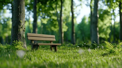 Naklejka premium Peaceful Wooden Bench in Lush Green Forest Inviting Tranquil Respite and Solitude