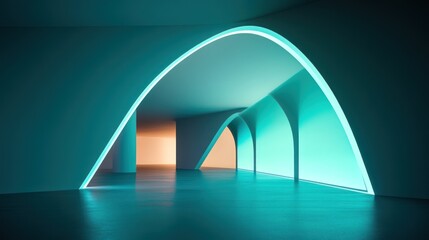 Teal Futuristic Corridor Archway Neon Light Interior Design