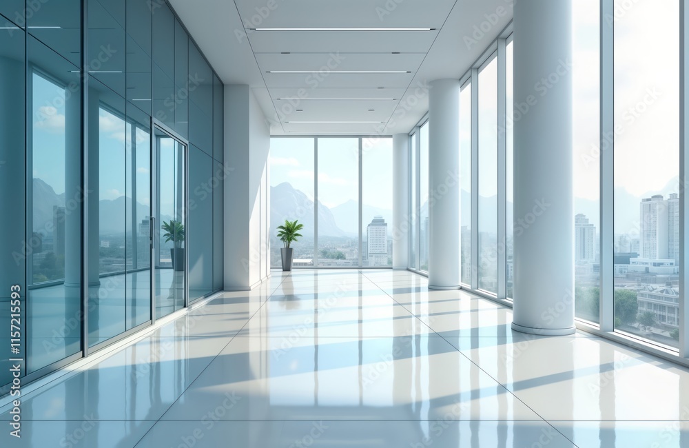 Poster empty modern office hallway with large windows cityscape view. clean shiny floor reflects light. min