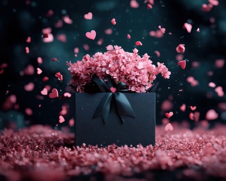 Unveiling a Valentine's surprise bouquet emerging from an intricately wrapped black box, a symbol of true thoughtfulness Pink hearts float like confetti adding a touch of romance, this is the perfect