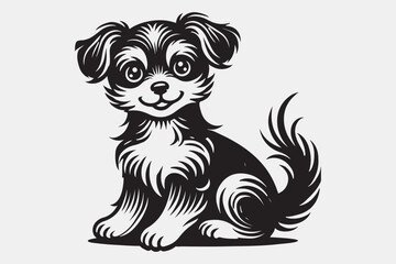 A stylized black and white silhouette of a puppy sitting.