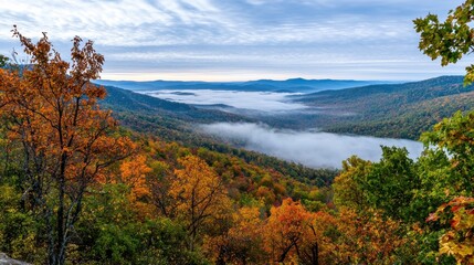 Breathtaking Autumn Landscape with Misty Mountain Lake and Vibrant Foliage