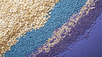 Colorful Arrangement of Various Grains and Seeds on Purple Background