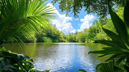 Tranquil Tropical Pond Surrounded by Lush Foliage and Vibrant Greenery in Jungle Landscape