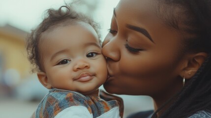Mother kisses her smiling baby outdoors on a sunny day