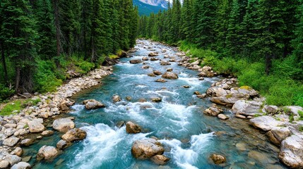 Obraz premium Captivating Mountainous Stream Cascading Through Lush Evergreen Forest Landscape