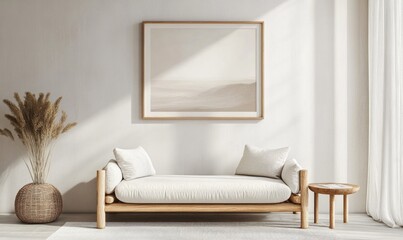 A white couch with pillows and a framed picture on the wall