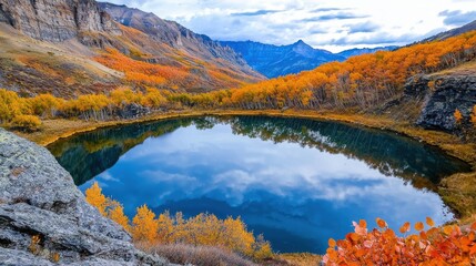 Fototapeta premium Breathtaking Autumnal Landscape with Serene Mountain Lake Reflection