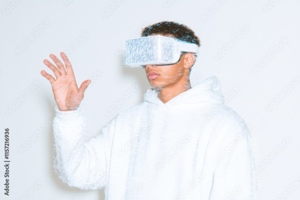 Poster a futuristic depiction of a human with augmented reality glasses, interacting with holographic displ