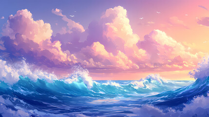 Obraz premium Vivid ocean waves with foamy crests under a partly cloudy sky, capturing the energy and beauty of the sea. Spindrift. Illustration