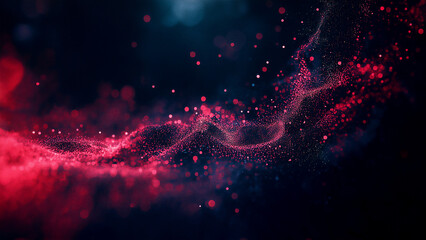 Obraz premium An abstract scene featuring red and pink particles suspended in a dark atmosphere, enhanced with a depth-of-field effect. The composition uses volumetric lighting and detailed texture.