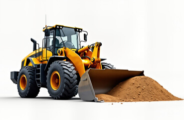 Fototapeta premium Heavy yellow front loader positioned on white background. Loader transporting large amount of earth sand. Modern construction machine with large bucket. Industrial machinery in action. Heavy