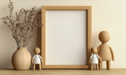 A white frame with a vase and two small figures