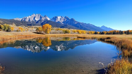 Obraz premium Majestic mountains reflected in a serene alpine lake surrounded by vibrant autumn foliage in a pristine wilderness landscape