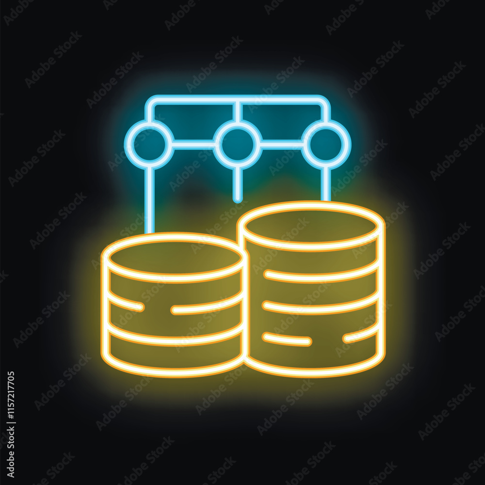 Poster neon glowing icon of data warehousing representing data integration and storage with connected datab
